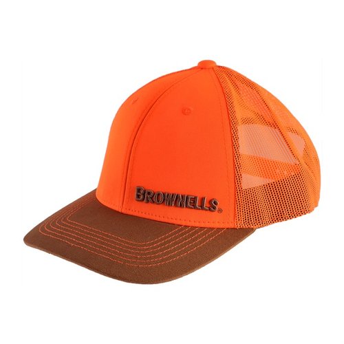 Il cappello Hunter Orange di Brownells offre sicurezza con la sua corona arancione, un bill marrone elegante e il logo distintivo, perfetto per cacciatori e appassionati.