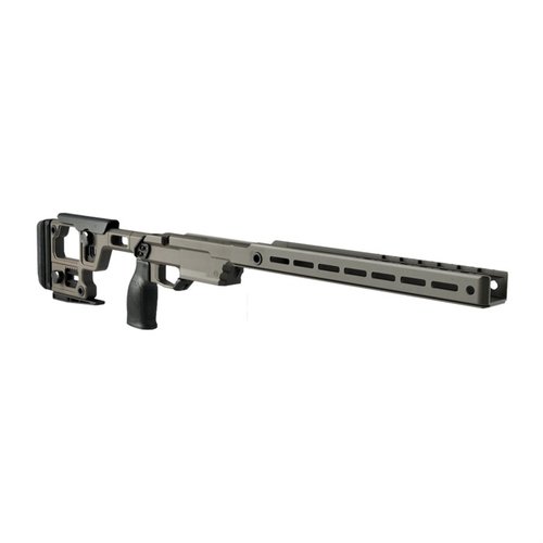 Il SOLUS Competition Chassis per Remington 700 offre un'ergonomia regolabile, compatibilità M-LOK, e un sistema di bloccaggio V-Block per una precisione ottimale.