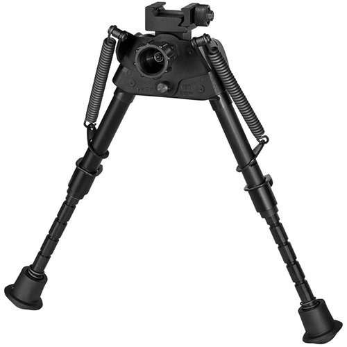 Le S-BRMP BIPOD de HARRIS s'étend de 6" à 9", se fixe directement sur un rail Picatinny, est léger (13 oz) et dispose de jambes à ressort pour un déploiement rapide.
