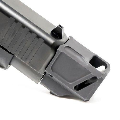 Il compensatore Faxon per Glock® 43X/48 in alluminio 6061 riduce il rinculo e il movimento della bocca, migliorando la stabilità e la precisione.