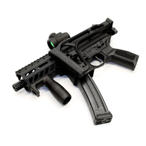 Il MODULAR VERTICAL FOREGRIP con handstop integrato offre compatibilità multiuso, costruzione in acciaio inox e finitura anodizzata, ideale per pistole e fucili.