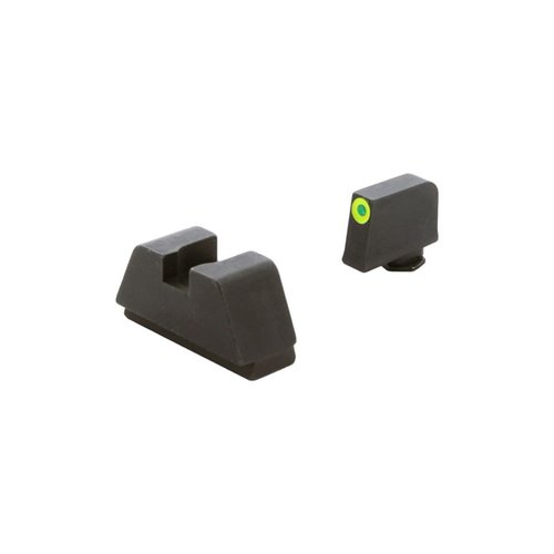 I mirini Ameriglo XL offrono un co-witness preciso per ottiche red dot su Glock MOS, con tritio verde e altezza ottimizzata per una visione chiara.