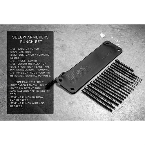 Das ARMORER'S PUNCH SET von SONS OF LIBERTY GUN WORKS bietet dir 16 präzise QPQ-behandelte Werkzeuge, ideal für die Montage und Wartung deiner Waffen.