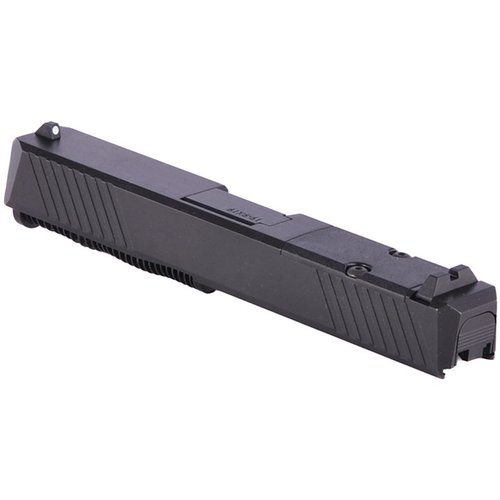 Assemblaggio completo per Glock 19 con opzioni di canna portata o filettata, pronto per il montaggio di mirini reflex e dotato di serrature ergonomiche.
