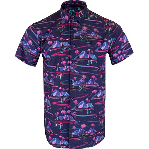 La RETRO RIFLE SHORT SLEEVE BUTTON DOWN SHIRT è leggera e traspirante, realizzata in 97% Polyester e 3% Spandex, ideale per ogni appassionato di tiro.