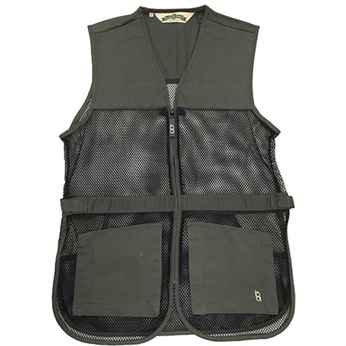 Le gilet de tir BOB ALLEN en mesh est léger et ventilé, avec des coussins doubles pour tireurs gauchers et droitiers, poches pratiques et ajustement latéral.