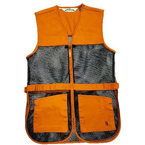 Il gilet da tiro BOB ALLEN in rete offre leggerezza e ventilazione, con pad duali per tiratori mancini e destrimani, tasche frontali e compatibilità Insert-A-Pad.