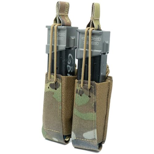 Le GBRS Group Double Pistol Magazine Pouch est MOLLE/BELT compatible, avec rétention bungee amovible et un matériau élastique pour un tir fluide et une réinsertion facile.