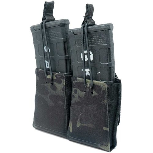 Le pouch double pour chargeurs de fusil GBRS est compatible MOLLE, avec rétention bungee amovible, offrant un tir fluide et une réinsertion facile.