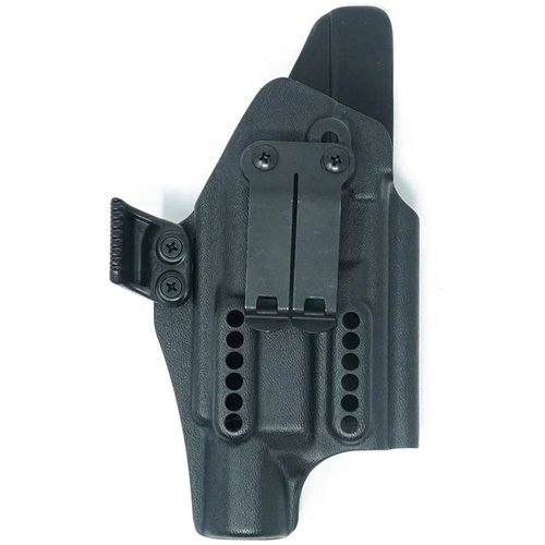 L'X PRIORITY 1 IWB HOLSTER offre ritenzione regolabile, supporto per ottiche, e design aperto per canne filettate, ottimizzando il trasporto nascosto.