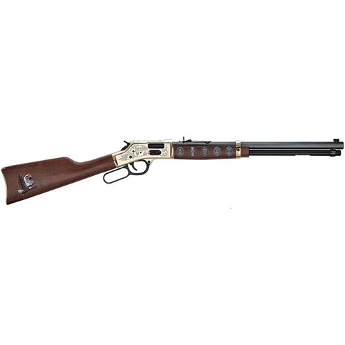 Fucile a leva .44 Mag, edizione commemorativa Eagle Scout, con ricevitore in ottone, calcio in noce americano e incisioni artistiche. Un simbolo di onore e leadership.