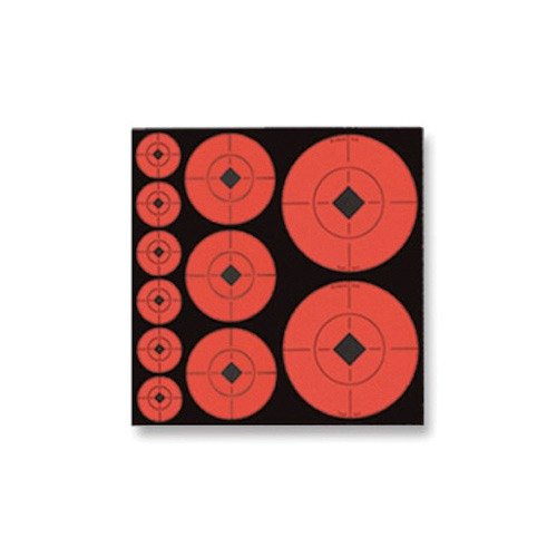 I punti bersaglio fluorescenti autoadesivi di Birchwood Casey offrono alta visibilità per l'azzeramento dei fucili, con un centro a diamante nero e linee di mira.