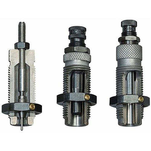 Il set di die RCBS Carbide Pistol 3-Dies elimina la necessità di lubrificazione delle munizioni e include die per espandere, belling e crimpatura.