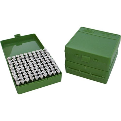 Le scatole per munizioni FLIP TOP PISTOL AMMO BOX 9MM-380 ACP 100 ROUND GREEN di MTM Case-Gard sono resistenti, impilabili e ideali per ricariche, con garanzia di 25 anni.