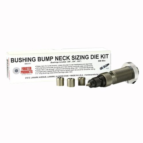 Les kits de dies Bushing Bump Neck de Forster te permettent de contrôler la tension sur les collets de tes cartouches avec précision, incluant un die poli à la main et trois bushings sélectionnés.
